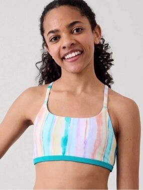 Athleta Girls Reversible Scoop Neck Bikini Top Size L/12 Bliss Stripe/Laguna